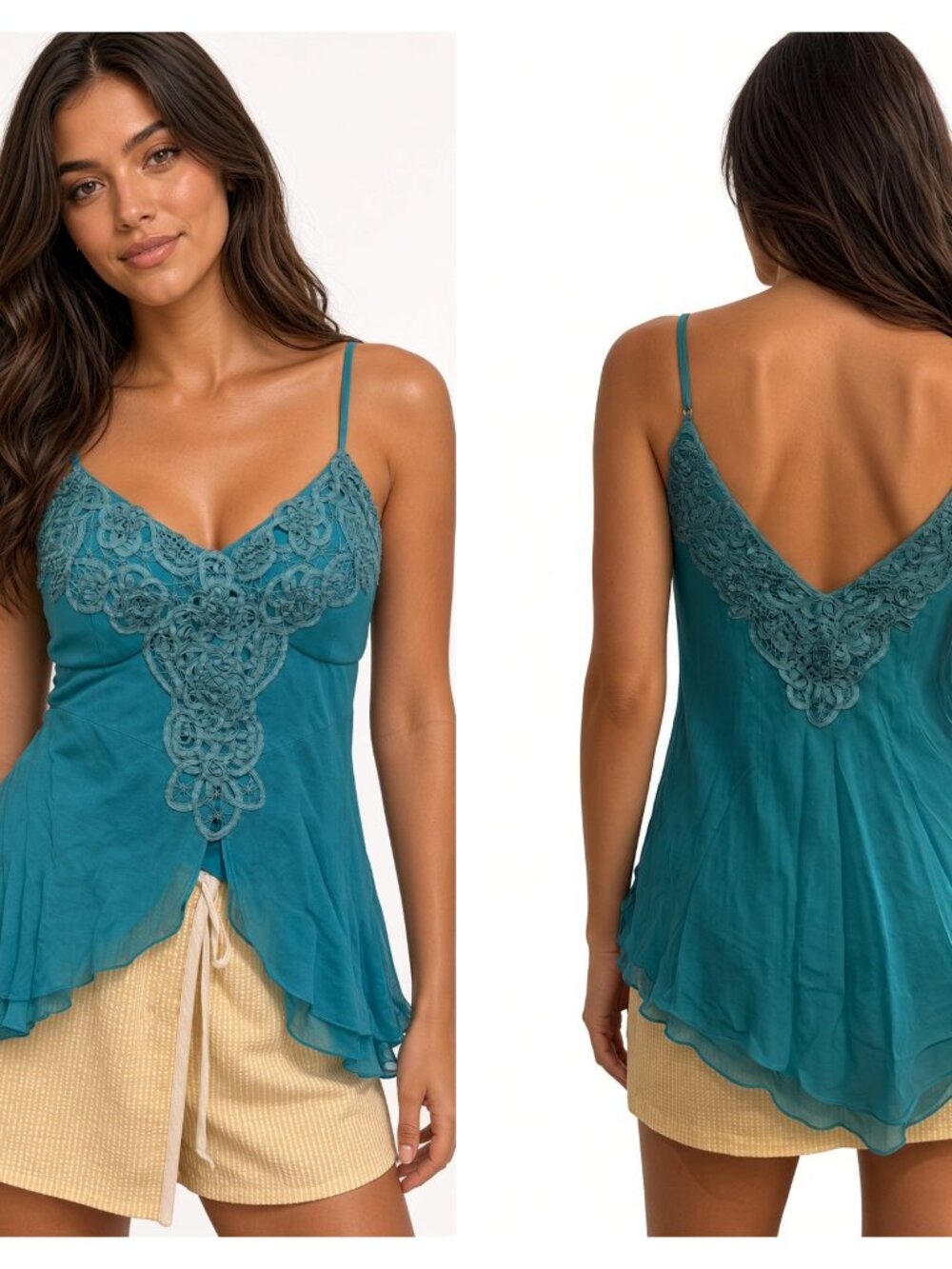 Sue Wong Silk Chiffon Y2K Turquoise Teal Blue Crochet Flowy Top Fairy Art Deco 2